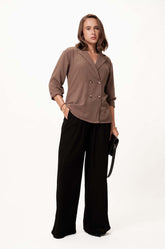 DOUBLE BRESTED BLAZER TOP - BROWN