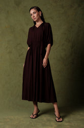 SMOCKED WAIST MIDI DRESS - BURGANDY
