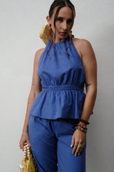SMOCKED HALTER NECK TOP - BLUE