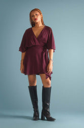 Kimono Sleeve Wraparound Dress Maroon
