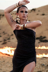 ONE SHOULDER HIGH SLIT DRESS - DARK BROWN