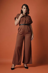 CINCHED WAIST JUMPSUIT - BROWN