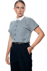 CONTRAST COLLAR TINY CHECKED TOP - BLUE