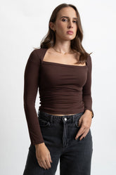 OVERLAPPED SQUARE NECK TOP - DARK BROWN