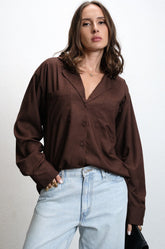 LONG SLEEVE LAPEL COLLAR SHIRT - BROWN