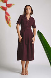 Lapel Collared Midi Dress Maroon