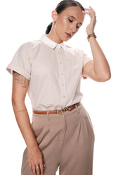 CONTRAST COLLAR TINY CHECKED TOP - BEIGE