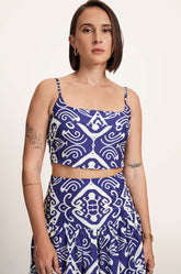 Smocked Back Crop Top - BLUE PRINTED