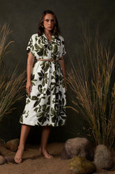 GATHERED SHOULDER MIDI DRESS - GREEN PRINTE