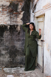 WIDE HEM- BACK ELASTICATED PALAZZO PANT - DARK GREEN