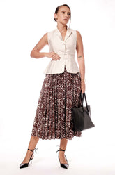 PLEATED PRINTED MIDI SKIRT - BROWN