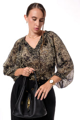 PRINTED NECK TIE BLOUSE - BLACK