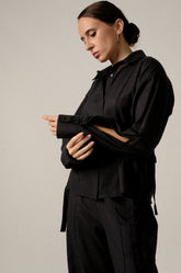 GATHERED WAIST LINEN SHIRT - BLACK