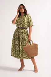 ELASTIC WAIST MIDI SKIRT - GREEN