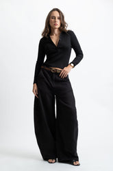 LONG SLEEVE BUTTON UP SWEATER TOP - BLACK