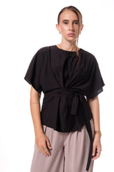 WAIST-CINCHING CROSS-OVER TOP - BLACK