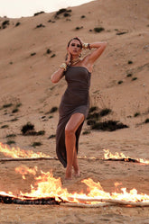 ONE SHOULDER HIGH SLIT DRESS - OLIVE