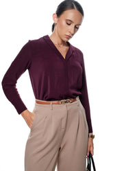 V-NECK LONG SLEEVE TOP - BURGANDY