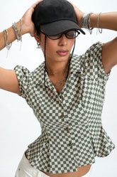 CHECKED PUFF SLEEVE TOP - GREEN