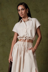 EXTENDED SHOULDER CROPPED SHIRT - CREAM