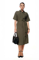 DOUBLE POCKET MIDI DRESS - OLIVE