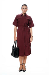 DOUBLE POCKET MIDI DRESS - MAROON