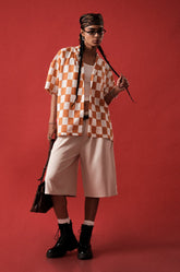 BOXY FIT LAPEL COLLAR SHIRT - ORANGE CHECK