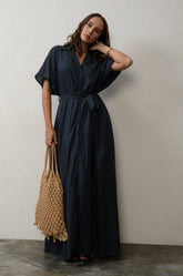 V-NECK MAXI SHIRT DRESS - NAVY
