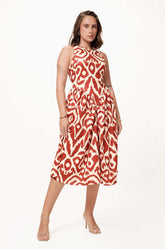 CINCHED WAIST PRINTED MIDI DRESS - RED