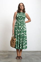 SMOCKED MIDI TIERED DRESS