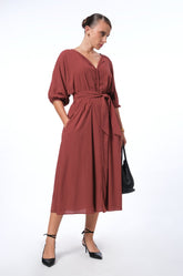 V-NECK PUFF SLEEVE MIDI DRESS