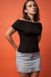 GATHERED OFF-SHOULDER TOP - BLACK