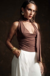 SHAWL NECK TOP - BROWN