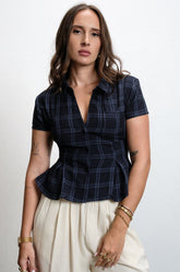 SHORT SLEEVE CHECKED TOP - BLUE CHECK PRINT