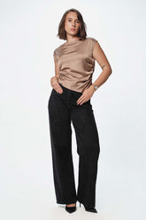 SEAM GATHERED SATIN BLOUSE - CHAMPAIGN