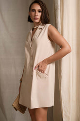 Lapel Collared Shift Dress BEIGE