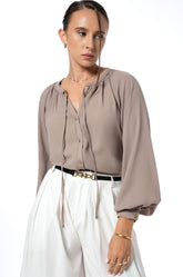 GATHERED NECK TOP - BROWN