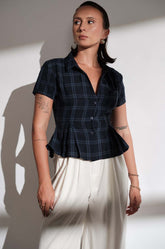 SHORT SLEEVE CHECKED TOP - BLUE