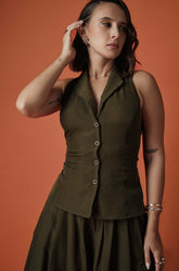 CINCHED WAIST SLEEVELESS TOP - SOLID OILVE
