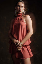 HALTER NECK FLOUNCY DRESS - ORANGE