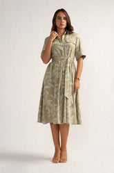 PRINTED MIDI SHIRT DRESS - SAGE