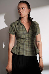 SHORT SLEEVE CHECKED TOP - GREEN