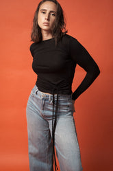 FRONT DETAILED LONG SLEEVE TOP - BLACK