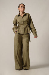 ADJUSTABLE WAIST LINEN PANT - KHAKI