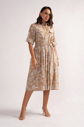 PRINTED MIDI SHIRT DRESS - BEIGE