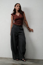 SMOKED V NECK FLUTTER SLEEVE TOP - BROWN