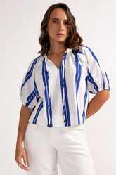 V-NECK PUFF SLEEVE STRIPE TOP