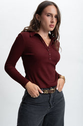 LONG SLEEVE BUTTON UP SWEATER TOP - MAROON