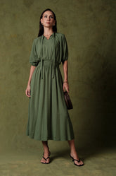 SMOCKED WAIST MIDI DRESS - GREEN