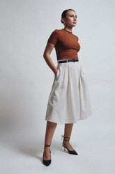 GATHER DETAILED MIDI SKIRT - WHITE